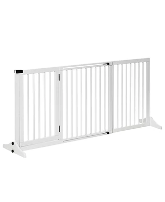 PawHut Wooden Freesding Pet Gate Adjustable w/ Door Lock Safe Barrier