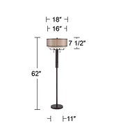 Franklin Iron Works Alamo Industrial Rustic Farmhouse Standing Floor Lamp 62" Tall Bronze Sheer Brown Organza Linen Fabric Double Drum Shades for Livi