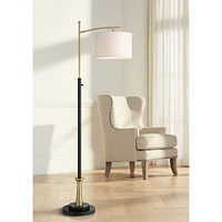 Possini Euro Design Burbank Modern Downbridge Floor Lamp 64" Tall Black Brass Gold Metal Linen Drum Shade for Living Room Reading Bedroom Home Office