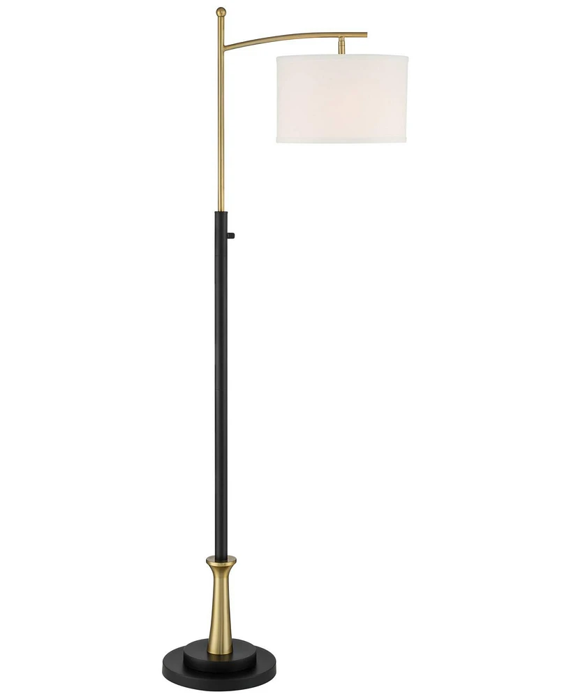 Possini Euro Design Burbank Modern Downbridge Floor Lamp 64" Tall Black Brass Gold Metal Linen Drum Shade for Living Room Reading Bedroom Home Office