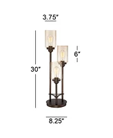 Franklin Iron Works Libby Modern Industrial Rustic Farmhouse Table Lamp 30" Tall Full Size Bronze Metal 3-Light Led Amber Seeded Cylinder Glass for Li