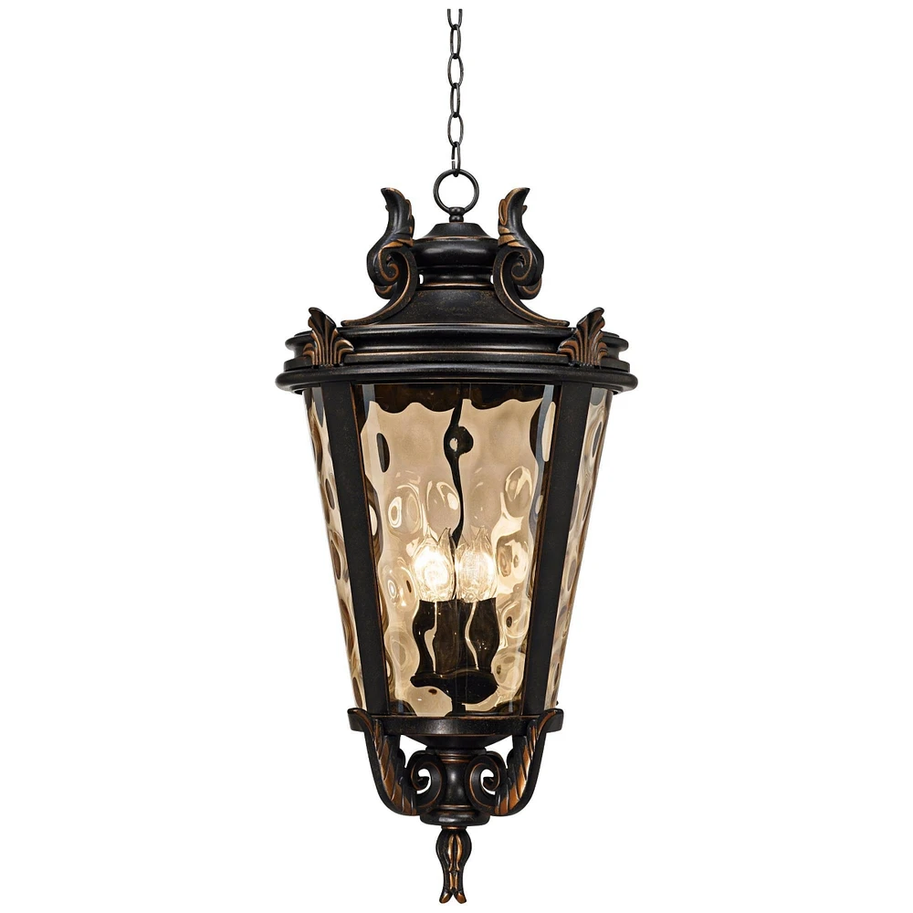 John Timberland Casa Marseille European Outdoor Ceiling Light Hanging Veranda Bronze Brown 30" Champagne Hammered Glass Damp Rated for Exterior House