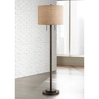 Possini Euro Design Garth Modern Industrial Standing Floor Lamp 63 1/2" Tall Oil Rubbed Bronze Brown Metal Burlap Fabric Drum Shade Decor for Living R