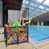 Yescom Metal Frame 6 Wheels Rolling Double Decker Mesh Pool Storage Bin Large Outdoor Pool Floats Storage Organizer with Towel Drying Bars, Upgrade St