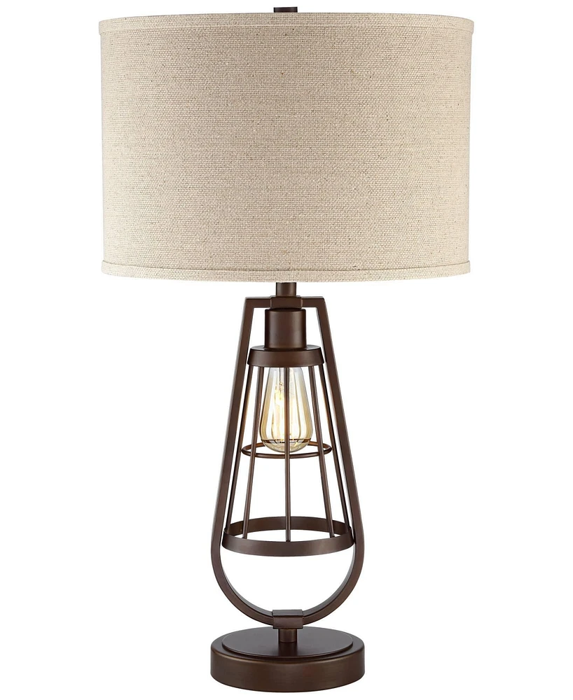 Franklin Iron Works Topher Rustic Industrial Table Lamp with Nightlight Led Edison 27.75" Tall Bronze Brown Caged Metal Burlap Drum Shade for Living R