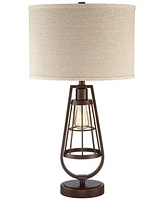 Franklin Iron Works Topher Rustic Industrial Table Lamp with Nightlight Led Edison 27.75" Tall Bronze Brown Caged Metal Burlap Drum Shade for Living R