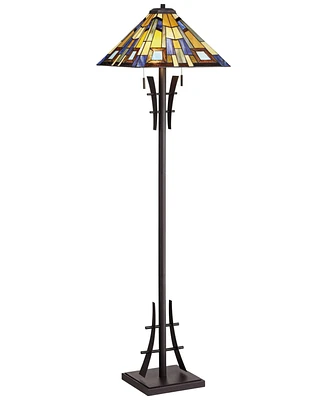 Robert Louis Tiffany Mission Modern Tiffany Style Standing Floor Lamp 62" Tall Bronze Iron Jewel Tone Stained Art Glass Shade Decor for Living Room Re