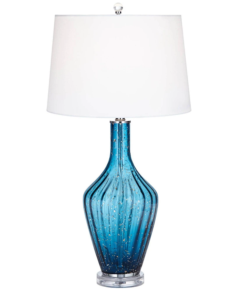 Possini Euro Design Elin Modern Coastal Table Lamp 29" Tall Blue Fluted Art Glass Vase White Tapered Drum Shade for Bedroom Living Room House Home Bed