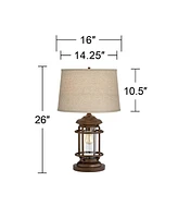 Franklin Iron Works Andreas Industrial Table Lamp with Nightlight and Usb Port 26" High Brown Metal Oatmeal Fabric Tapered Drum Shade Antique Led Edis
