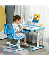 Qaba Kids Desk and Chair Set, Height Adjustable School Study Table and Chair, Student Writing Desk with Tilt Desktop, Led Lamp, Pen Box, Drawer