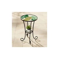 Tropical Leaves Black Metal Round Outdoor Accent Side Table 14" Wide Green Mosaic Tabletop Gracefully Curved Legs for Spaces Front Porch Patio Home Ho