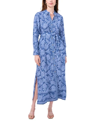 Msk Women's Floral Belted Long-Sleeve Maxi Shirtdress