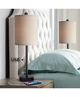 Trotter Modern Industrial Table Lamps 23.75" High Set of 2 with Usb and Outlet in Base Dimmable Led Oil Rubbed Bronze Burlap Fabric Shades Living Room