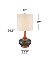 360 Lighting Andi Mid Century Modern Table Lamp 24.5" High Hammered Bronze Ceramic Wood Off White Tall Drum Shade for Living Room Bedroom House Bedsid