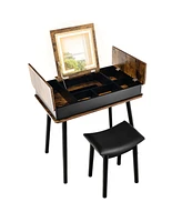 Costway Vanity Table Set Flip Top Mirror Lights Usb Port Cushioned Stool