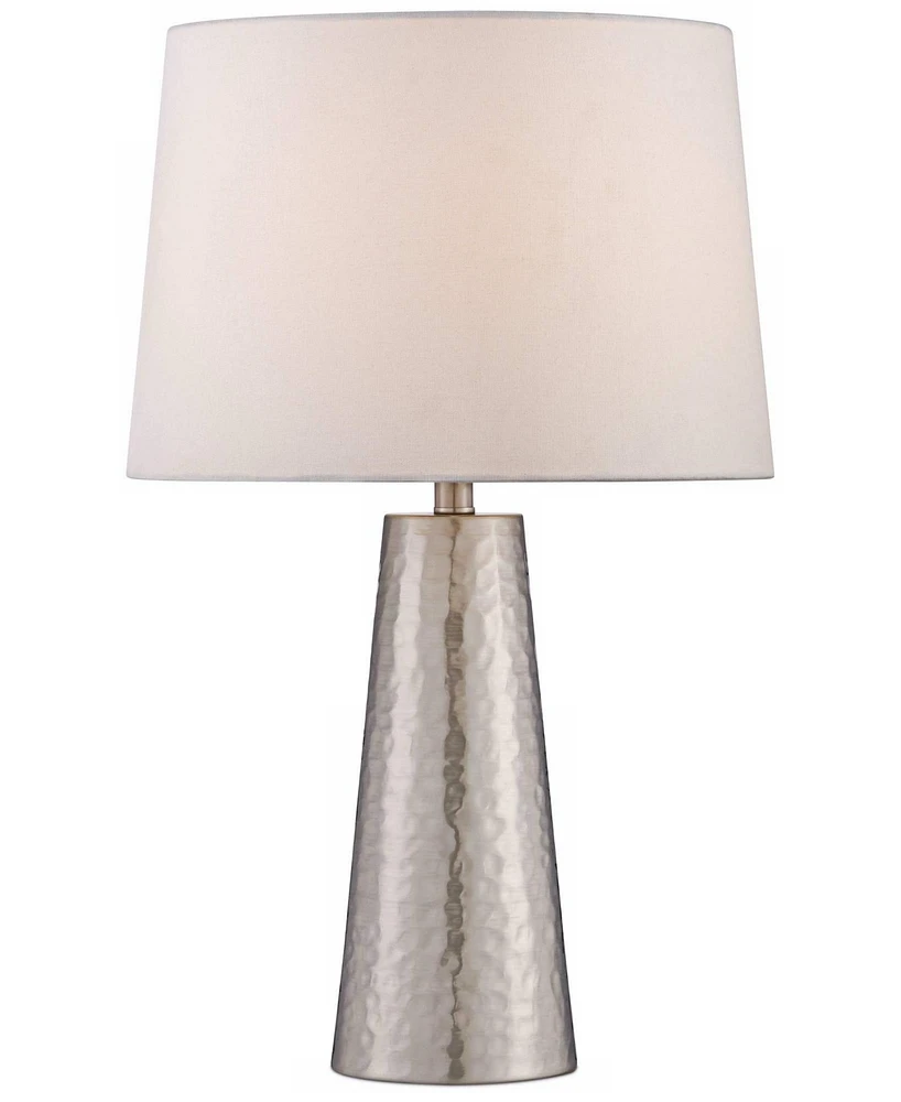 Modern Table Lamp 25 3/4" High Silver Leaf Hammered Textured Metal Off White Fabric Drum Shade Decor for Bedroom Living Room House Home Bedside Nights