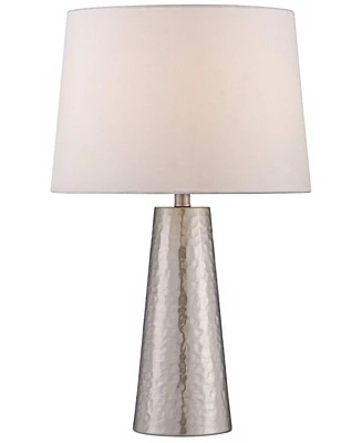 360 Lighting Modern Table Lamp 25 3/4" High Silver Leaf Hammered Textured Metal Off White Fabric Drum Shade Decor for Bedroom Living Room House Home B