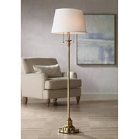 360 Lighting Spenser Traditional Floor Lamp Standing 58" Tall Brushed Antique Brass Gold Metal Thin Column Off-White Linen Fabric Empire Shade for Liv