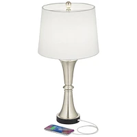 360 Lighting Seymore Modern Table Lamps 26" Tall Set of 2 with Usb Charging Port Silver Led Touch On Off White Drum Shade for Bedroom Living Room Hous