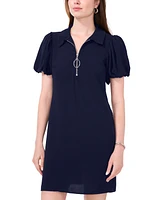 Msk Petite Collared Zip-Neck Puff-Sleeve Dress