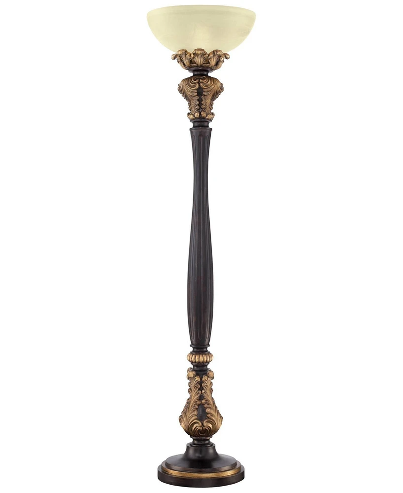 Barnes and Ivy Rita Traditional Victorian Torchiere Floor Lamp 75" Tall Carved Wood Amber Glass Shade Foot Dimmer Standing Light for Living Room Readi