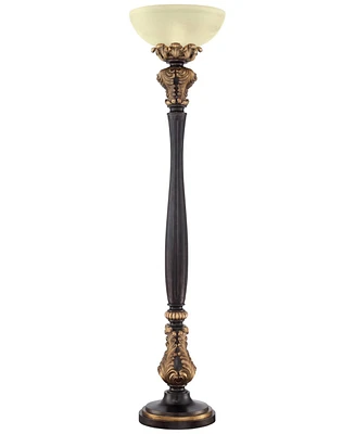 Barnes and Ivy Rita Traditional Victorian Torchiere Floor Lamp 75" Tall Carved Wood Amber Glass Shade Foot Dimmer Standing Light for Living Room Readi