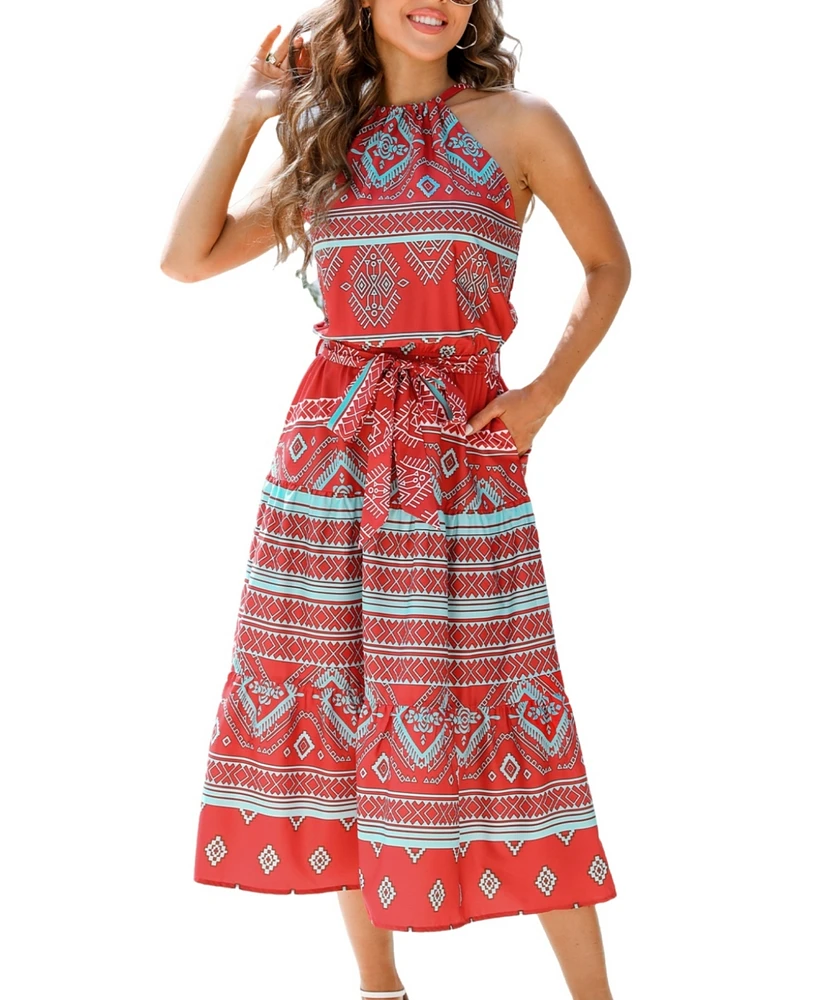 Cupshe Women's Geo Print Halterneck Belted Maxi Beach Dress