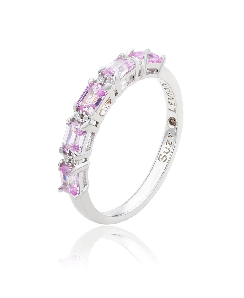 Suzy Levian New York Pink Sapphire & Lab-Grown White 5 Stone Emerald Cut Thin Half Band Ring Sterling Silver by