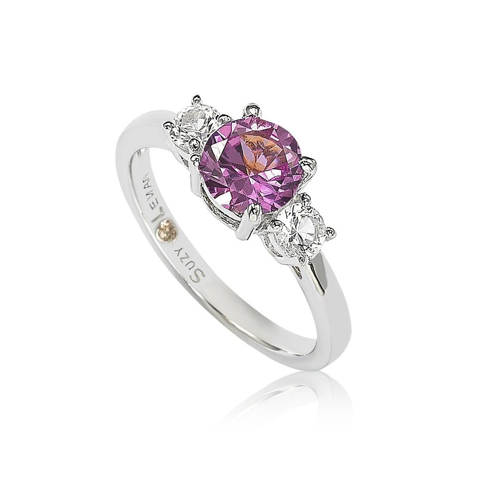 Suzy Levian New York Pink Sapphire & Lab-Grown White 3 Stone Bridal Ring Sterling Silver by