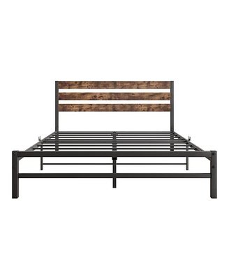 Simplie Fun Queen Size Platform Bed Frame With Rustic Vintage Wood Headboard, Strong Metal Slats Support