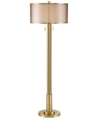 Possini Euro Design Granview Mid Century Modern Standing Floor Lamp 70 1/2" Tall Antique Brass Sheer Organza Outer Linen Inner Drum Shade for Living R