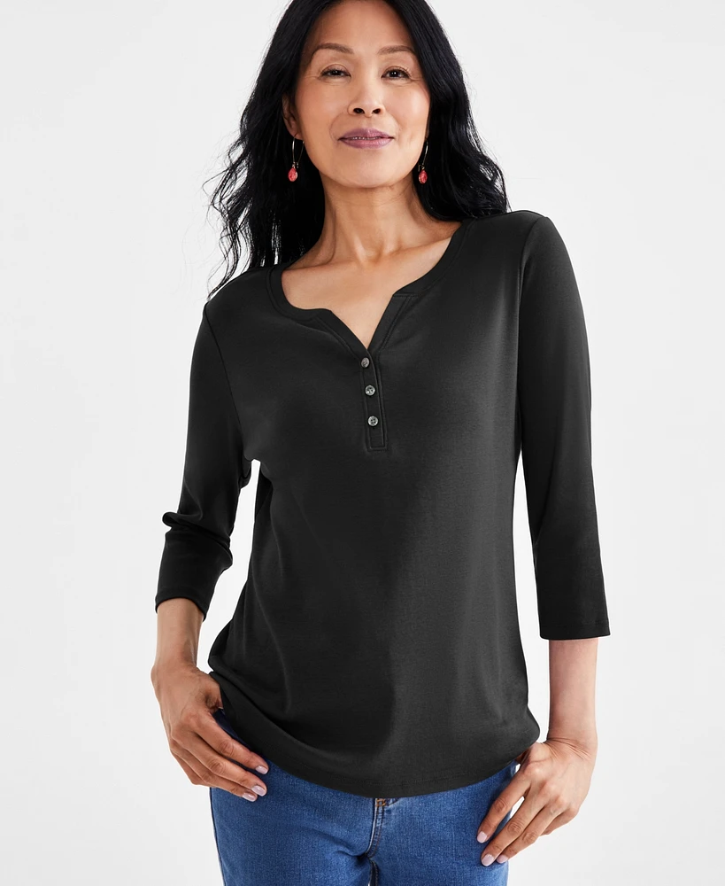 Style & Co Women's Cotton 3/4-Sleeve Henley Tee, Created for Macy's