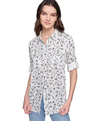 Karl Lagerfeld Paris Women's Printed Utility Button-Down Top, Regular & Petites