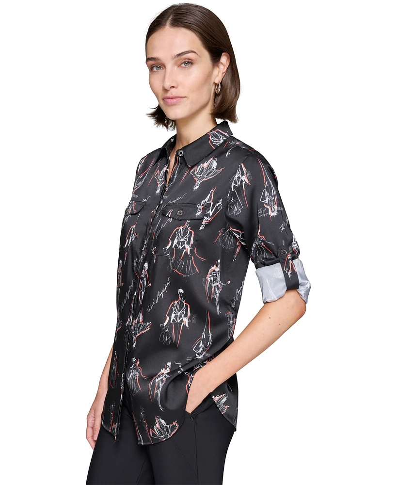 Karl Lagerfeld Paris Women's Printed Utility Button-Front Top