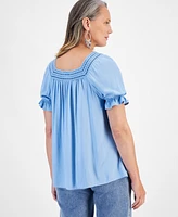 Style & Co Women's Crochet-Square-Neck Short-Sleeve Top, Created for Macy's