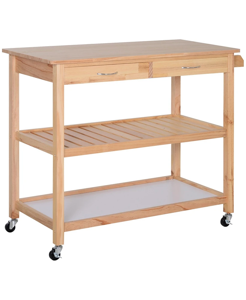 Homcom Rolling Kitchen Cart Island Wood Top Storage Trolley Cabinet Pine Wood