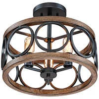 Franklin Iron Works Salima Rustic Farmhouse Ceiling Light Semi Flush-Mount Fixture 16" Wide Black Wood Grain Recessed Converter Kit Led 3-Light Open D