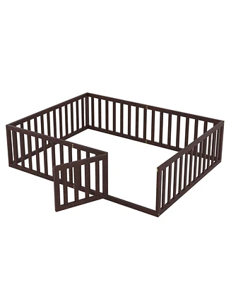 Simplie Fun Queen Size Wood Floor Bed Frame With Fence And Door, Walnut