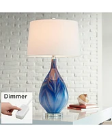 Taylor Modern Table Lamp 29" Tall with Table Top Dimmer Blue Art Glass White Fabric Tapered Drum Shade for Bedroom Living Room House Home Bedside