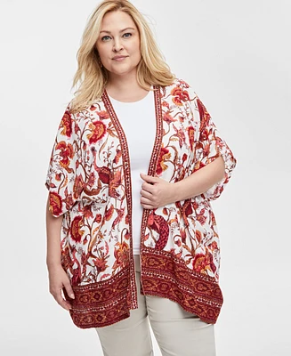 Jm Collection Plus Printed Open-Front Kimono Top