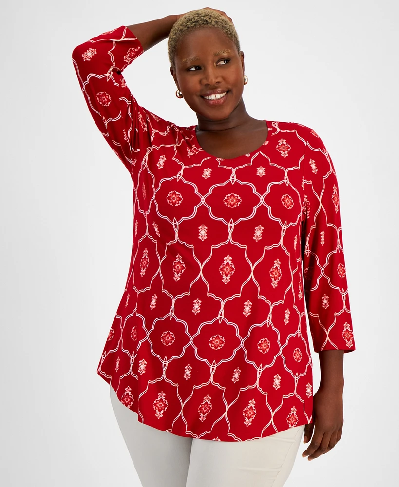 Jm Collection Plus Fancy Framework 3/4-Sleeve Top, Created for Macy's