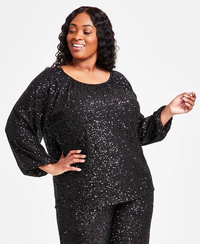 Jm Collection Plus Sequin Boat-Neck Long-Sleeve Top, Created for Macy's