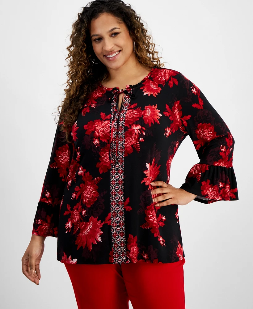 Jm Collection Plus Printed Tie-Neck Tunic Top, Created for Macy's