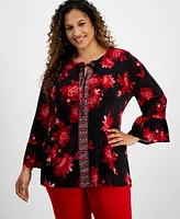 Jm Collection Plus Printed Tie-Neck Tunic Top, Created for Macy's