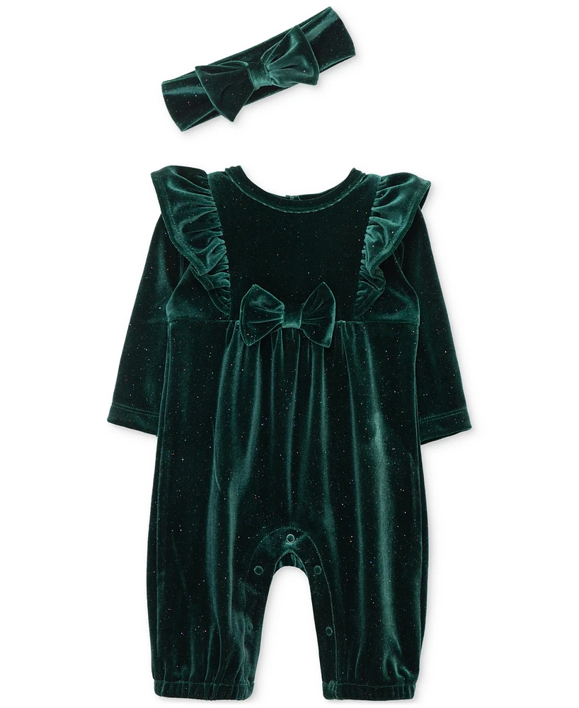 Little Me Baby Girls Sparkle Velour Jumpsuit & Headband Set