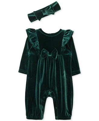 Little Me Baby Girls Sparkle Velour Jumpsuit & Headband Set