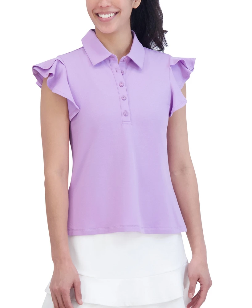 Sage Collective Women's Ruffle Sleeve Performance Pique Polo Shirt