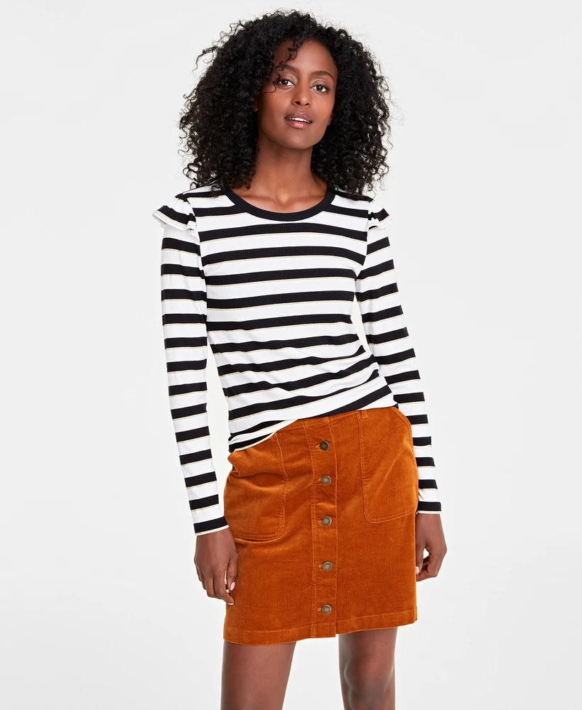 On 34th Women's Ruffle-Trim Ribbed Long-Sleeve Lurex Stripe Top, Created for Macy's