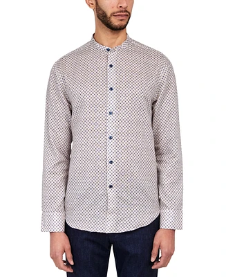 Brooklyn Brigade Men's Dumbo Moisture-Wicking Interlocking Geo-Print Button-Down Mandarin Shirt