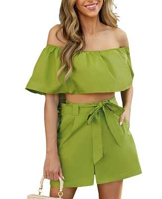 Cupshe Women's Green Off-Shoulder Cropped Flounce Top & Wide Leg Shorts Set